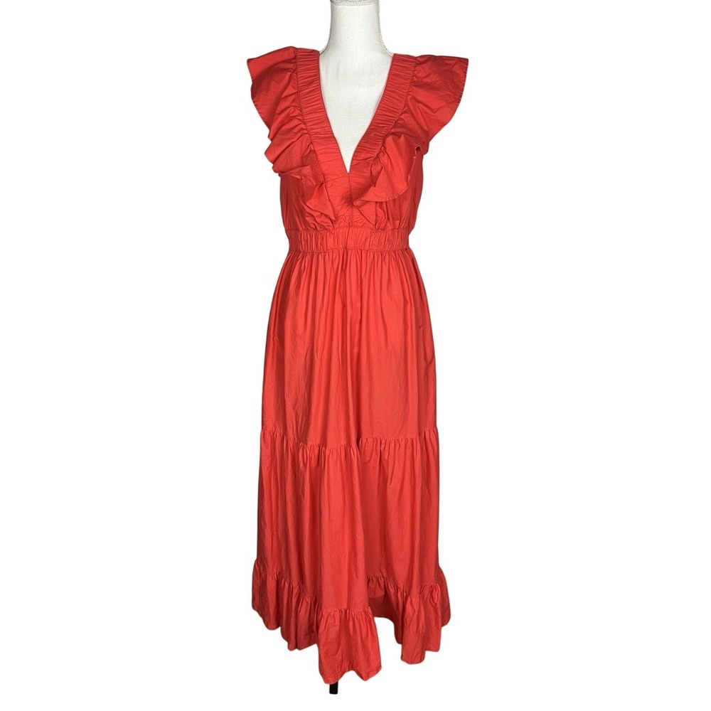 Japna Women's Red Cotton Ruffle Maxi Dress Boho Tiered Sleeveless V-Neck‎ Size L